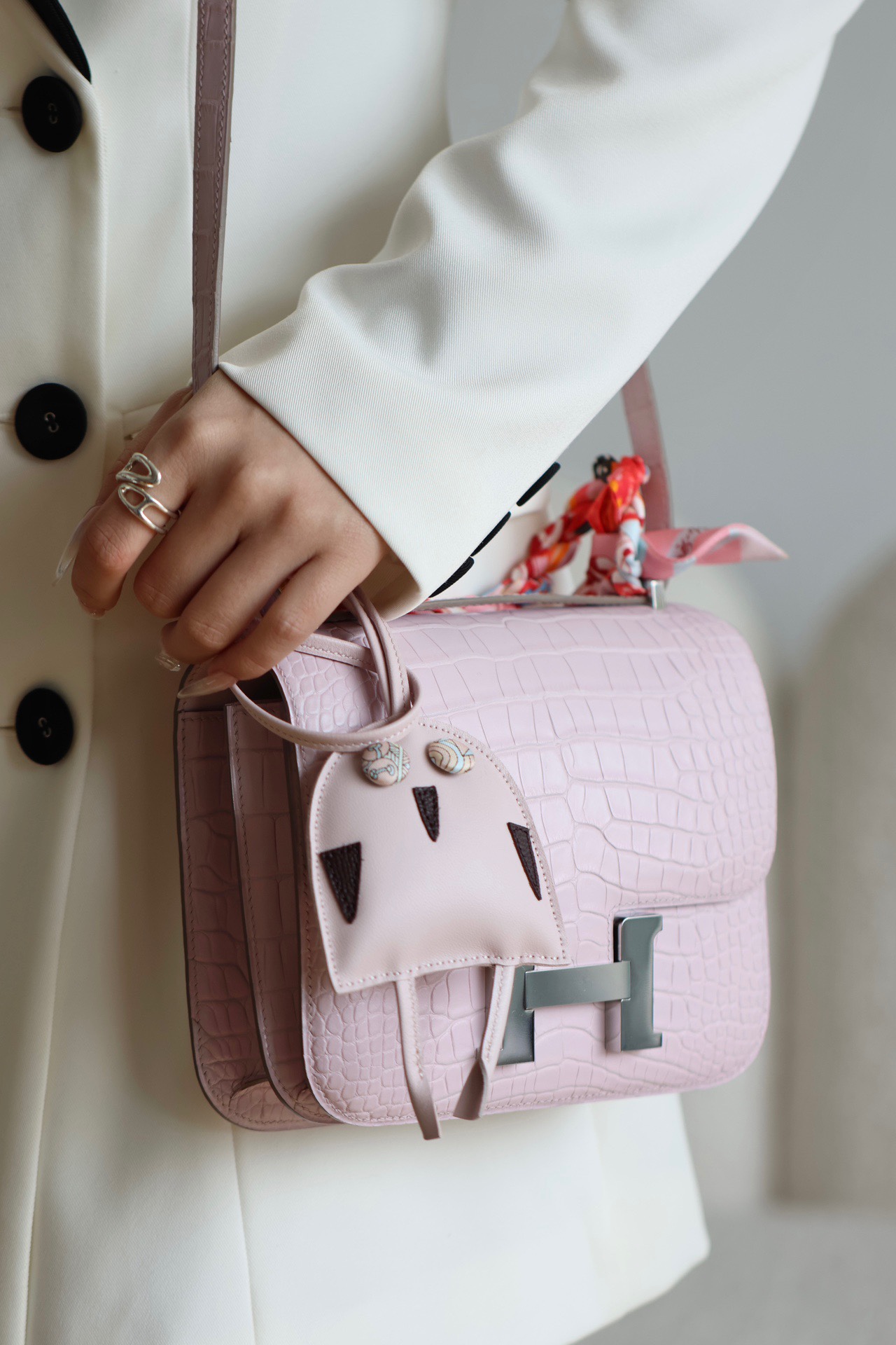 Hermes Constance 18 Mini Handmade Bag In Rose Eglantine Matte Alligator Crocodile Leather